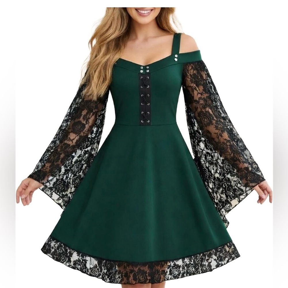 Costume Off-Shoulder Green Lace-Sleeve Dress